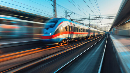 Naklejka premium High speed train motion railway station sunset. Fast moving modern passenger train railway platform Railroad motion blur effect