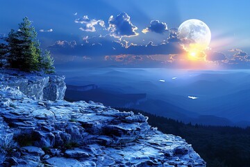 A lone tree stands on a cliff overlooking a misty valley under a full moon. The sky is filled with clouds, creating a dramatic and ethereal scene.