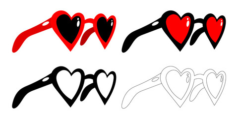 Heart sunglasses icon set. Trendy glasses illustration. Vector isolated on white background.