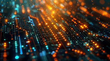 Fototapeta premium Printed circuit board futuristic serverCircuit board futuristic server code processing. Orange, green, blue technology background with bokeh. 3D Rendering