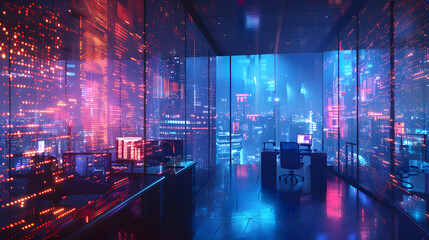 Fototapeta premium Modern neon cyberpunk open space office interior blurred with information technology overlay. Corporate strategy for finance, operations, marketing