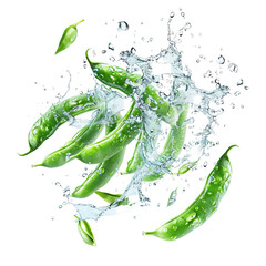 Fresh green peas with water splash, isolated on transparent background, perfect for promoting healthy eating and lifestyle.