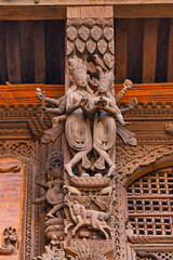 Wooden Carving Statue of Lord Vishnu With Goddess Lakshmi on Kathmandu Durbar Square, Kathmandu, Nepal.