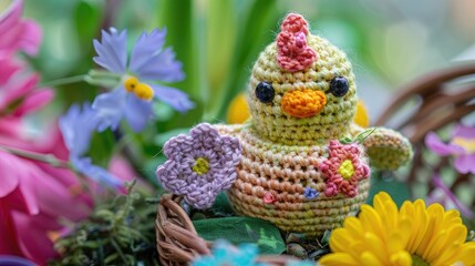 Hand crafted crochet toy featuring spring flowers with a chicken motif evoking Easter sentiments