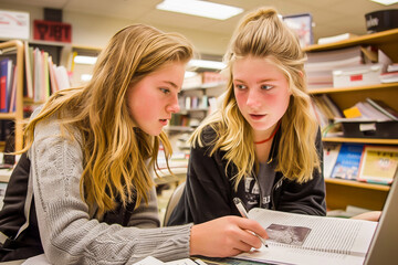 Two female students studying together in a library, focusing on their books and work, highlighting teamwork and academic effort.