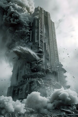 Dramatic Corporate Collapse:A High-Rise Office Building's Demise in Somber Hues