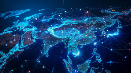 Obraz premium Asia map depicting global connectivity, data transfer, business exchange, and tech advancement. Concept Global Connectivity