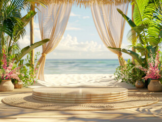 Fototapeta premium Rattan Podium, front view focus, with a Sunny Beach Background