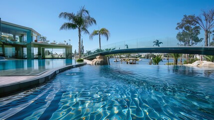 Obraz premium A pool with a glass bridge spanning its length, allowing guests to walk above the water