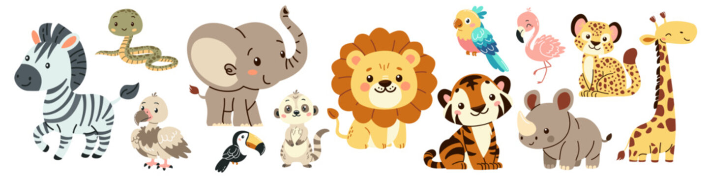 Set of flat vector illustrations in children's style of savannah animals. Cute rhinoceros lemur lion flamingo toucan vulture vulture snake zebra parrot tiger giraffe leopard cheetah . Vector