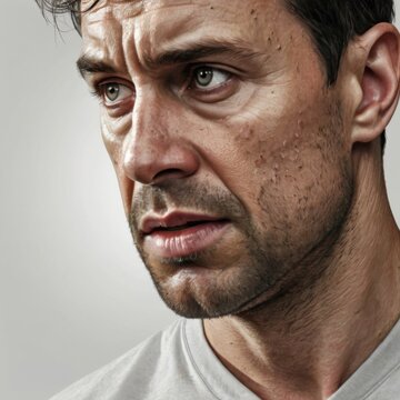 a frightened man on a white background, close-up
