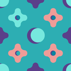 Seamless pattern of flowers and circles on blue background