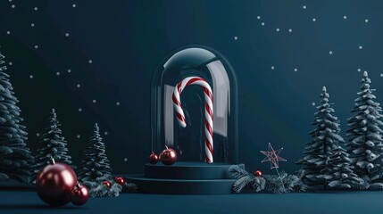 A candy cane inside a glass cage displayed with few sparkling baubles, a star and trees, Blank space on the white podium to show your product Blue podium on blue background