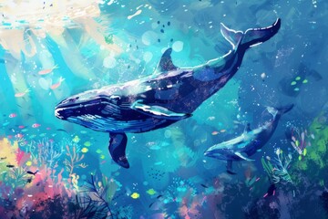 The painting depicts a whale with sunlight shining from above through the sea.
