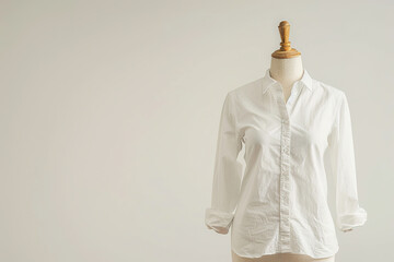 A white shirt designed for women is displayed on a mannequin. Mockup template for design print
