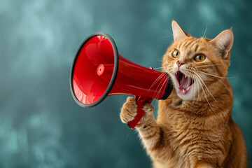 Fototapeta premium Ginger Cat with Megaphone on Blurred Smoke Background