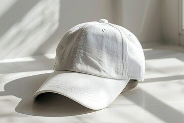 A white hat is placed on a white floor, creating a minimalist and clean aesthetic. Mockup template for design print