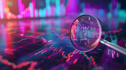 Data analysis, search engine optimization or SEO. magnifier, charts, graphs. ultraviolet and neon screen