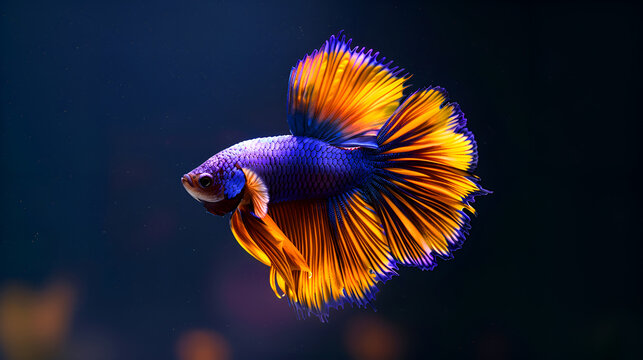 Purple-yellow rosetail fighting fish swimming in a fish tank.