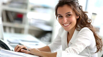 Obraz premium Cheerful Corporate Accounts Clerk Diligently Completing Financial Tasks on Computer