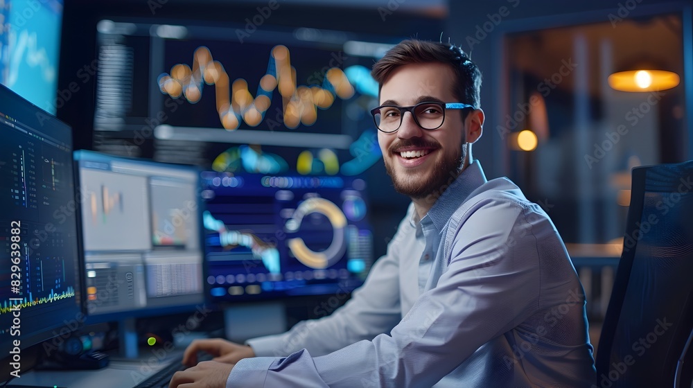 Poster cheerful young data analyst reviewing financial metrics on computer display