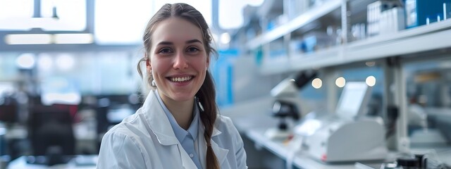 Cheerful Young Female Research Assistant Smiling at in Modern Office