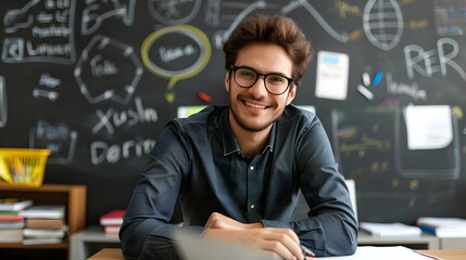 Cheerful Young Male Educator Smiling in Classroom with Chalkboard
