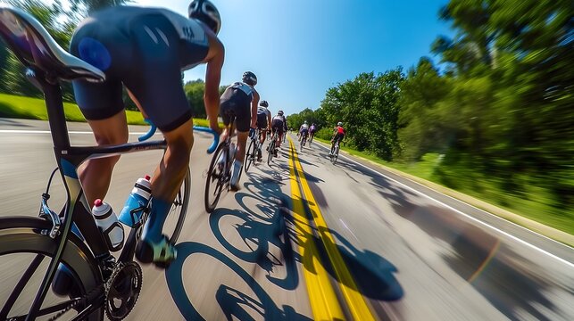 Gopro view High speed shutter, athletes on road bikes at triathlon
