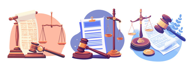 Justice cartoon vector concepts. Judges gavel scales legal document seal legislation system transaction agreement court identity, color illustration isolated on white background