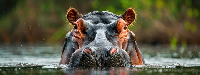 Large hippopotamus in the water. Selective focus.