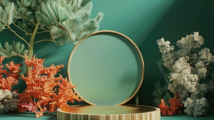 cubic green wooden podium background with orange corals in the photo studio hyperrealistic materials Wooden podium for product presentation with round frame on green wall 
