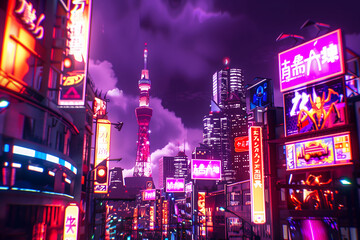 Obraz premium Futuristic city, purple lights, night time