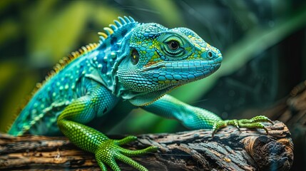 Fototapeta premium Forest dragon reptile on a branch, Gonocephalus chamaeleontinus, animal closeup
