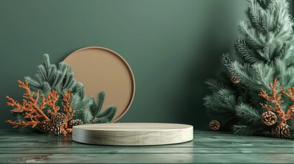 cubic green wooden podium background with orange corals in the photo studio hyperrealistic materials Wooden podium for product presentation with round frame on green wall 