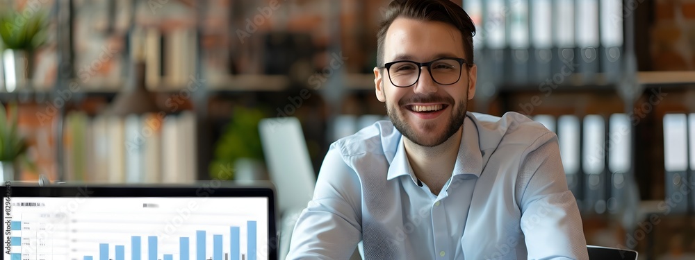 Poster confident businessman analyzing financial data on computer display in office