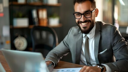 Obraz premium Confident Businessman Happily Working on Laptop at Modern Office Desk