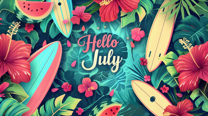 Background with a mix of summer elements like surfboards, hibiscus flowers, and watermelons on the sides, in the center the text "Hello July" in artistic script