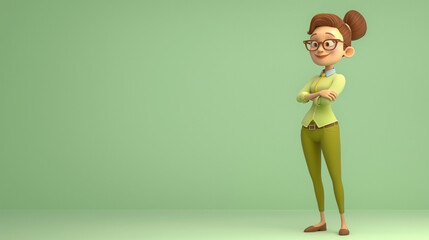 A cute cartoon character, a teacher standing on the right side, solid light green background, with copy space