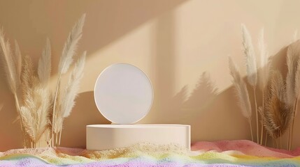 Empty wall studio room with white podium display on Rainbow pride flag backgroud, Abstract minimal studio 3D render , Stone podium display on beige background with dry pampas grass and luxury mirror f