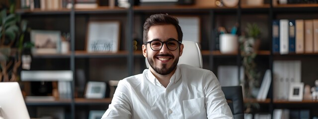 Obraz premium Confident Young Business Analyst Smiling in Home Office Environment