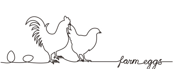Hen or chicken vector outline,doodle with eggs. Farm eggs lettering, text. One continuous line drawing. Minimal, simple background for label design