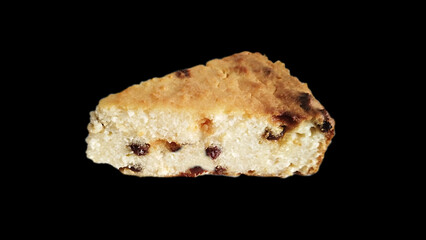 Raisin cheesecake. A slice of freshly baked homemade cheesecake with cottage cheese and raisins.