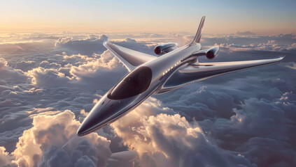 Futurista avion privado volando entre nubes y cielo de atardecer rosado