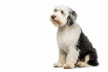 Obraz premium Hermoso y adorable perro con pedegree Boltail o viejo pastor ingles, sentado de perfil sobre fondo blanco