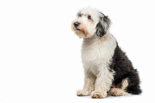 Hermoso y adorable perro con pedegree Boltail o viejo pastor ingles, sentado de perfil sobre fondo blanco