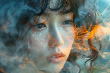 A surreal and artistic portrait of a woman with cosmic inspired makeup, with vibrant colors and visual effects creating an otherworldly appearance