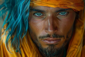 Digital artwork of arab observant man, blue hair , who is a nurse, close-up portrait, professional photoshoot  - Powered by Adobe
