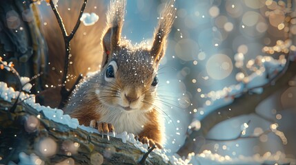 Amazing card with funny fluffy squirrel on a tree on a beautiful magical background.The face of a...