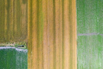 Rural landscape, cultivated fields with colors and transversal lines seen from above