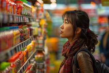 A woman is analyzing various canned food items on a shelf in a grocery store, possibly deciding on her purchase